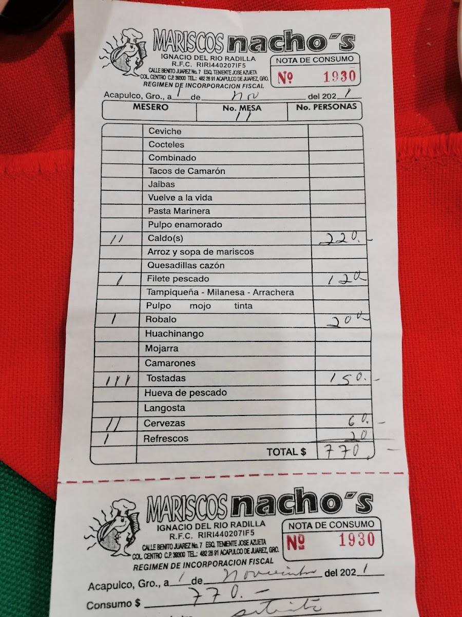 Mariscos Nacho's Acapulco Menu - Image 1
